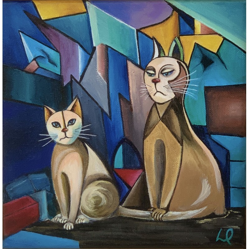 Il était un soir... - Peinture acrylique originale sur toile, représentant les chats,  par artiste-auteur Luna Quéré