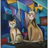 Il était un soir... - Peinture acrylique originale sur toile, représentant les chats,  par artiste-auteur Luna Quéré
