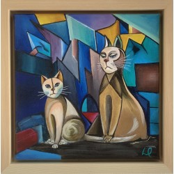 Il était un soir... - Peinture acrylique originale sur toile, représentant les chats,  par artiste-auteur Luna Quéré